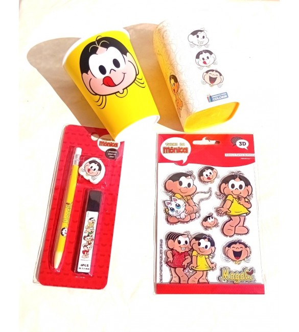 Kit Magali Lapiseira 2mm Borracha E Grafite e 01copo e adesivo e 01 porta lápis para colorir